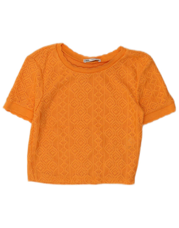 Maglione corto con scollo a barca e maniche corte da donna Zara UK 8 piccolo arancione