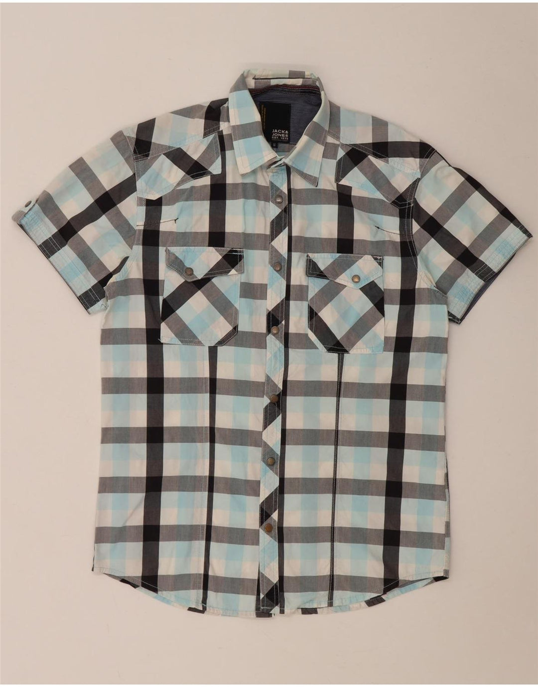 Camicia a maniche corte da uomo Jack & Jones in cotone a quadri turchese medio