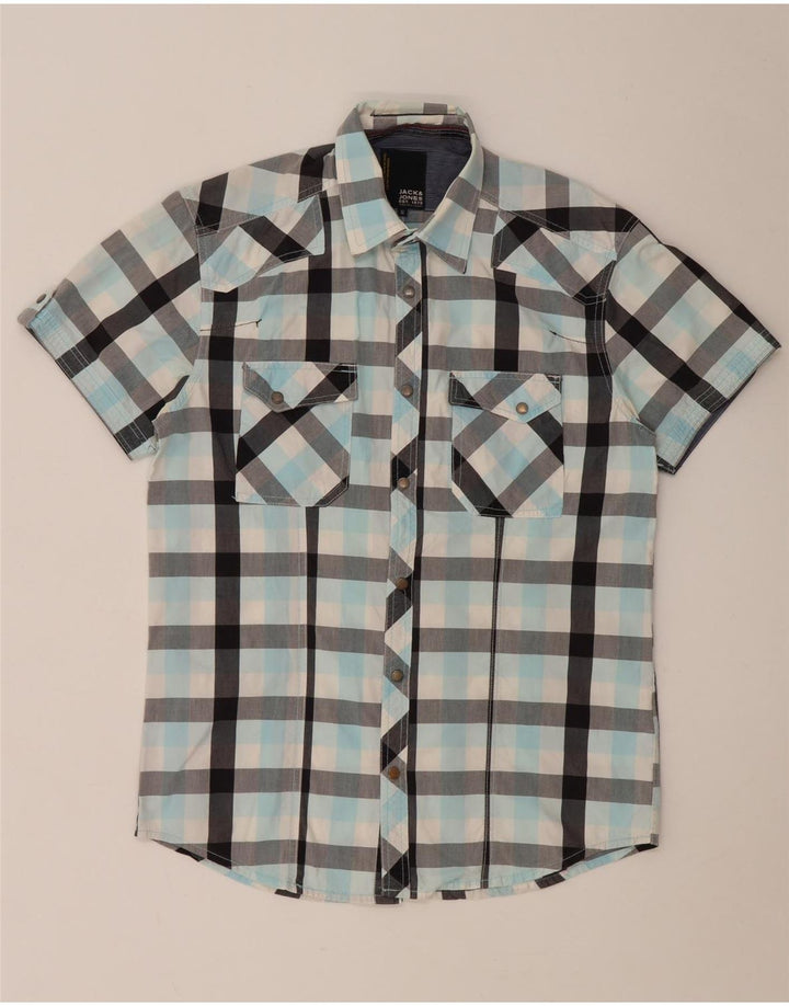 Camicia a maniche corte da uomo Jack & Jones in cotone a quadri turchese medio