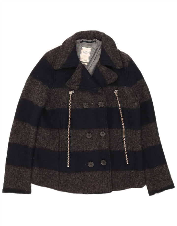Cappotto da marinaio da donna Replay UK 18 XL in lana a righe grigie