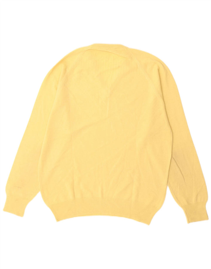 Maglione vintage da uomo con scollo a V, grande, in lana vergine gialla