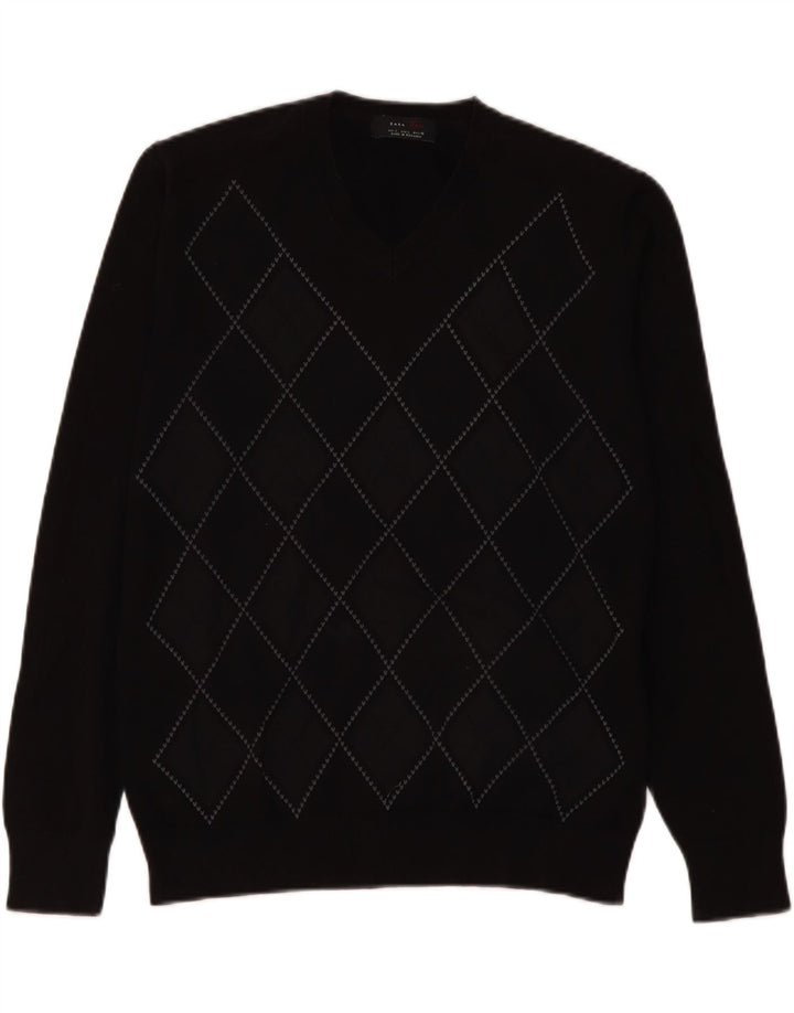 Maglione Zara da uomo con scollo a V grande nero a rombi/diamante