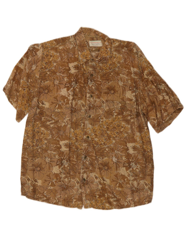 Camicia vintage da uomo a maniche corte in viscosa floreale piccola marrone