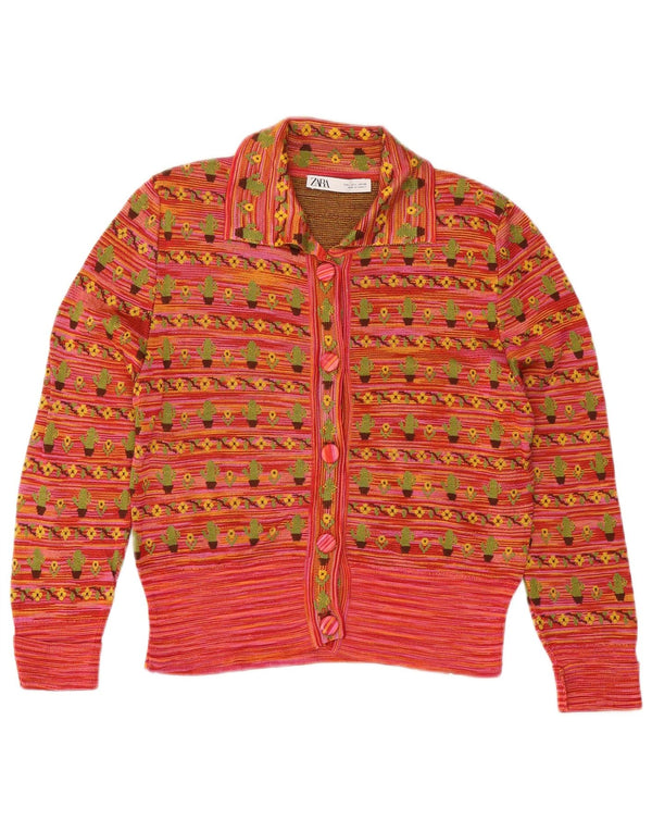 ZARA Maglia Bolero da Donna con Maniche a 3/4 UK 14 Grande Viscosa Floreale Rossa