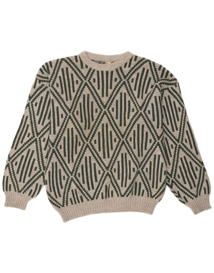 Maglione girocollo da uomo vintage in acrilico geometrico grigio medio