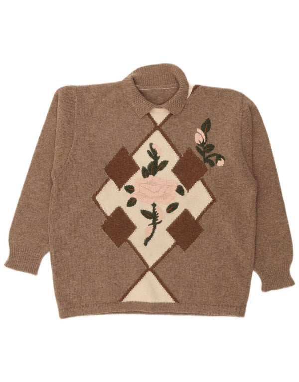 Maglione vintage da donna con collo a polo con grafica UK 18 XL Marrone geometrico