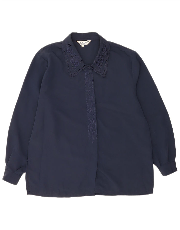 Camicetta camicia vintage da donna UK 14 medio blu navy floreale