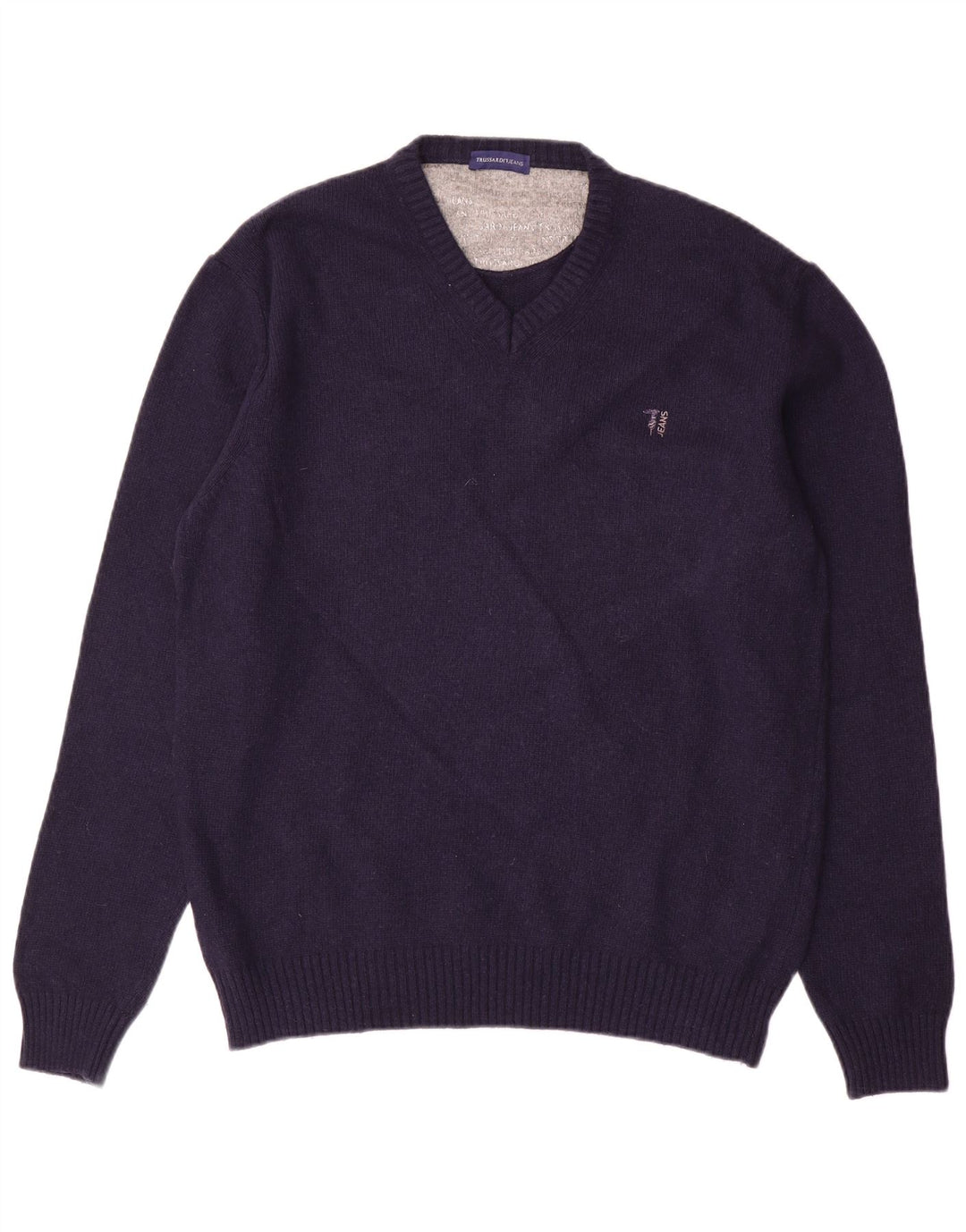 Maglione Trussardi Jeans Uomo con Scollo a V Grande in Lana Blu Navy