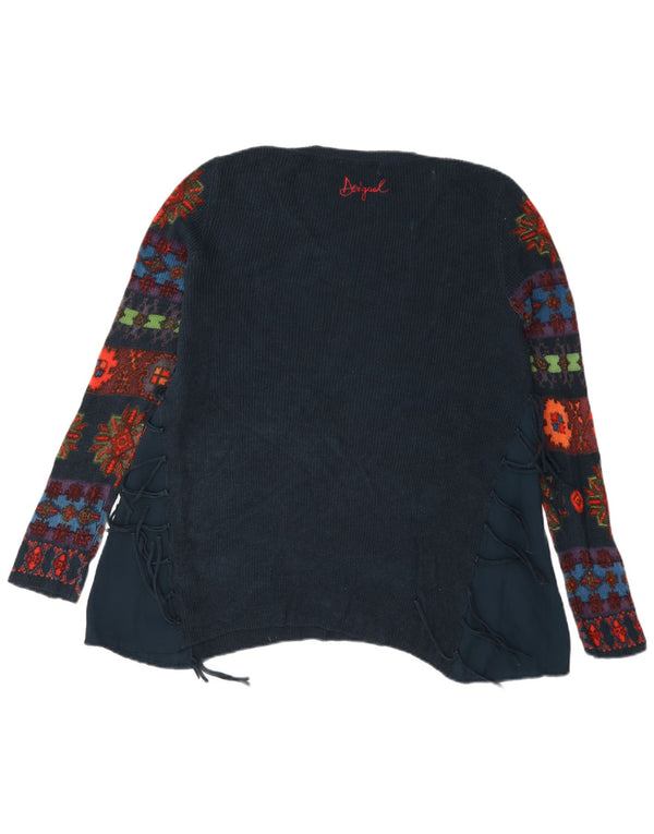 Desigual Womens Graphic V-Neck Jumper Sweater UK 18 XL Navy Blue Floral