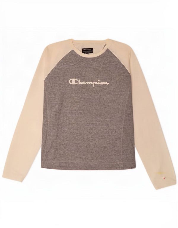 Top grafico da donna Champion manica lunga UK 18 XL cotone color block grigio