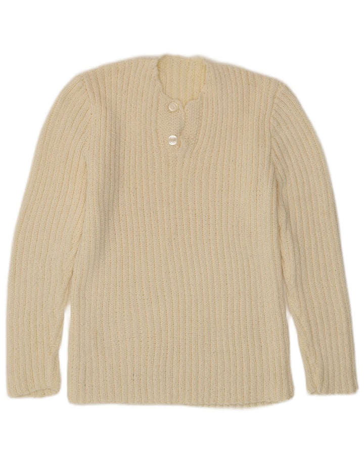 Maglione da donna VINTAGE con collo a bottoni UK 12 medio bianco sporco