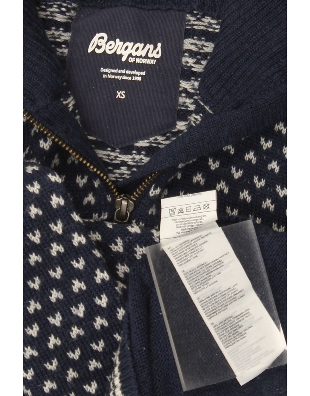 BERGANS Maglione da uomo con zip e collo XS in lana geometrica blu navy