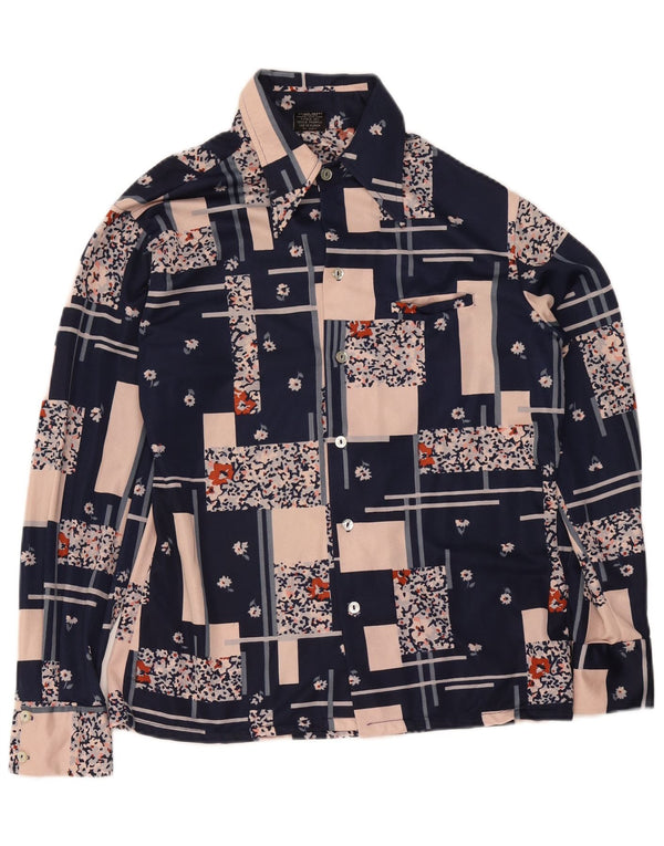 Camicetta camicia vintage da donna UK 14 Patchwork blu navy medio