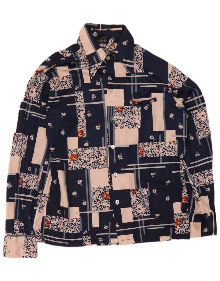 Camicetta camicia vintage da donna UK 14 Patchwork blu navy medio
