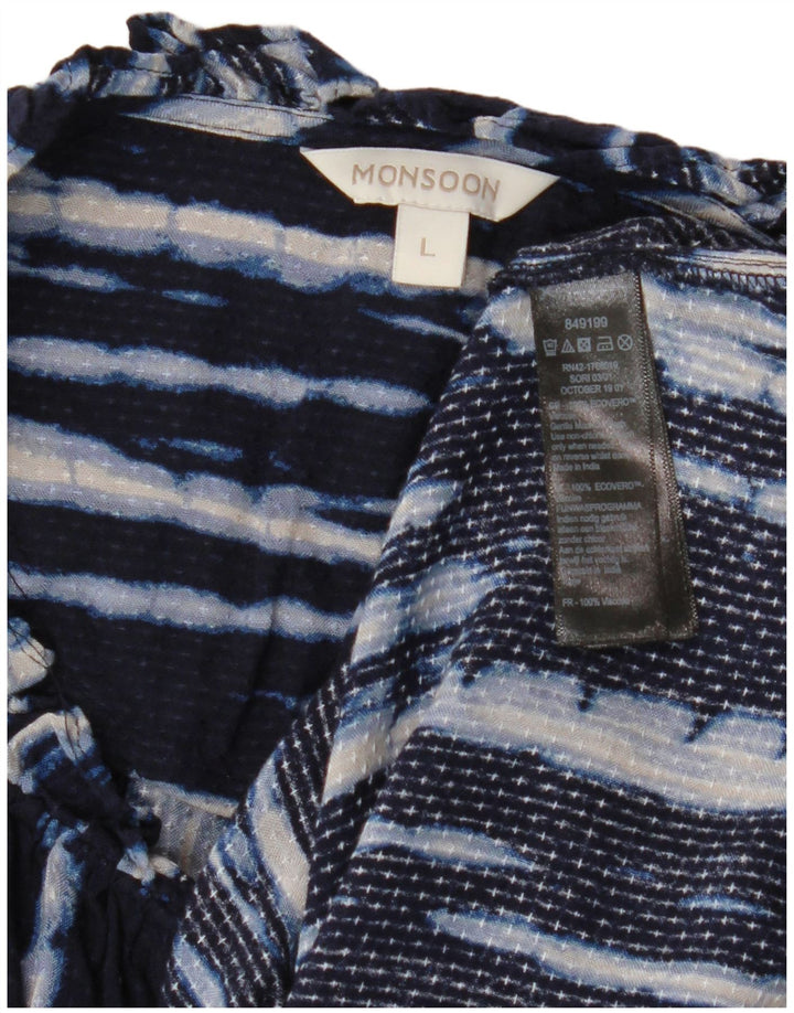 Monsoon Camicetta da donna con motivo astratto Top UK 14 Large in viscosa blu navy