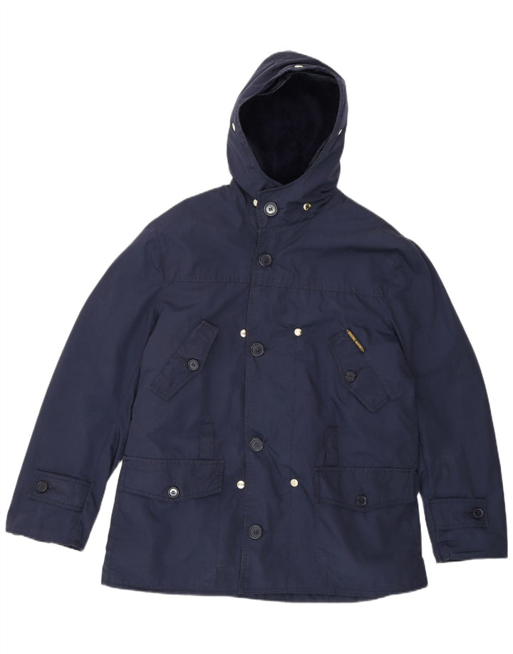 VINTAGE Mens Hooded Windbreaker Jacket IT 48 Medium Navy Blue Polyester Vintage Vintage and Second-Hand Vintage from Messina Hembry 