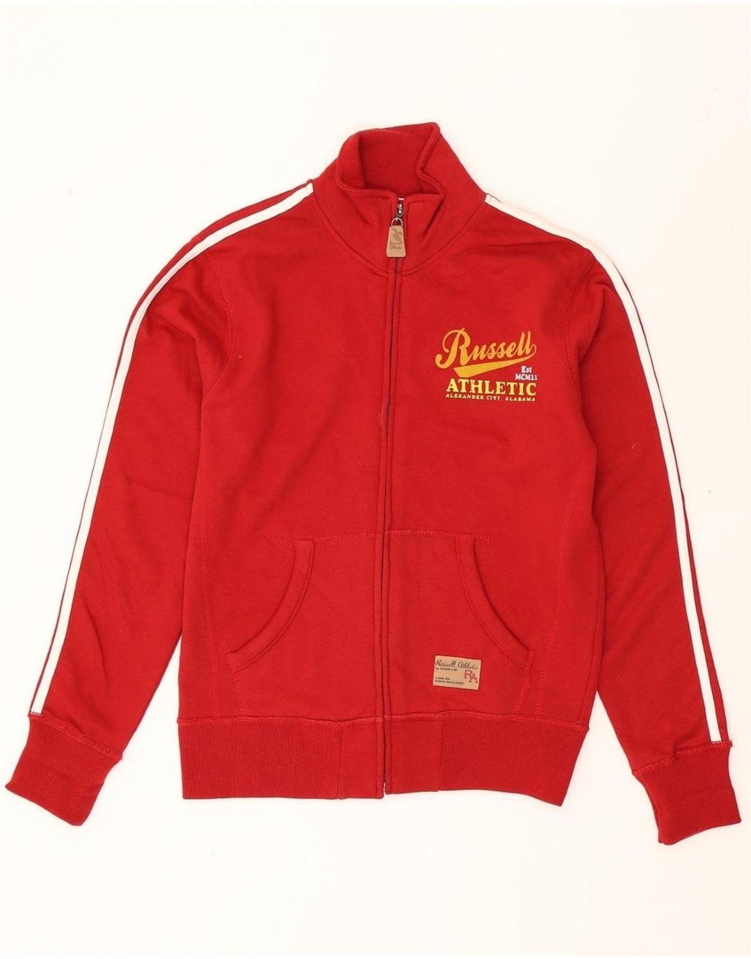 RUSSELL ATHLETIC Mens Graphic Tracksuit Top Jacket Small Red Cotton Vintage Russell Athletic and Second-Hand Russell Athletic from Messina Hembry 