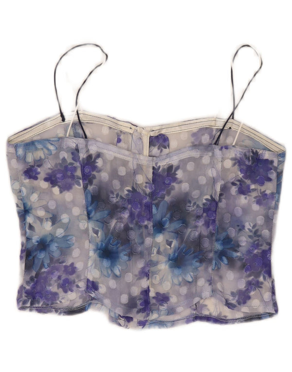 Top corsetto trasparente da donna vintage UK 10 piccolo floreale blu