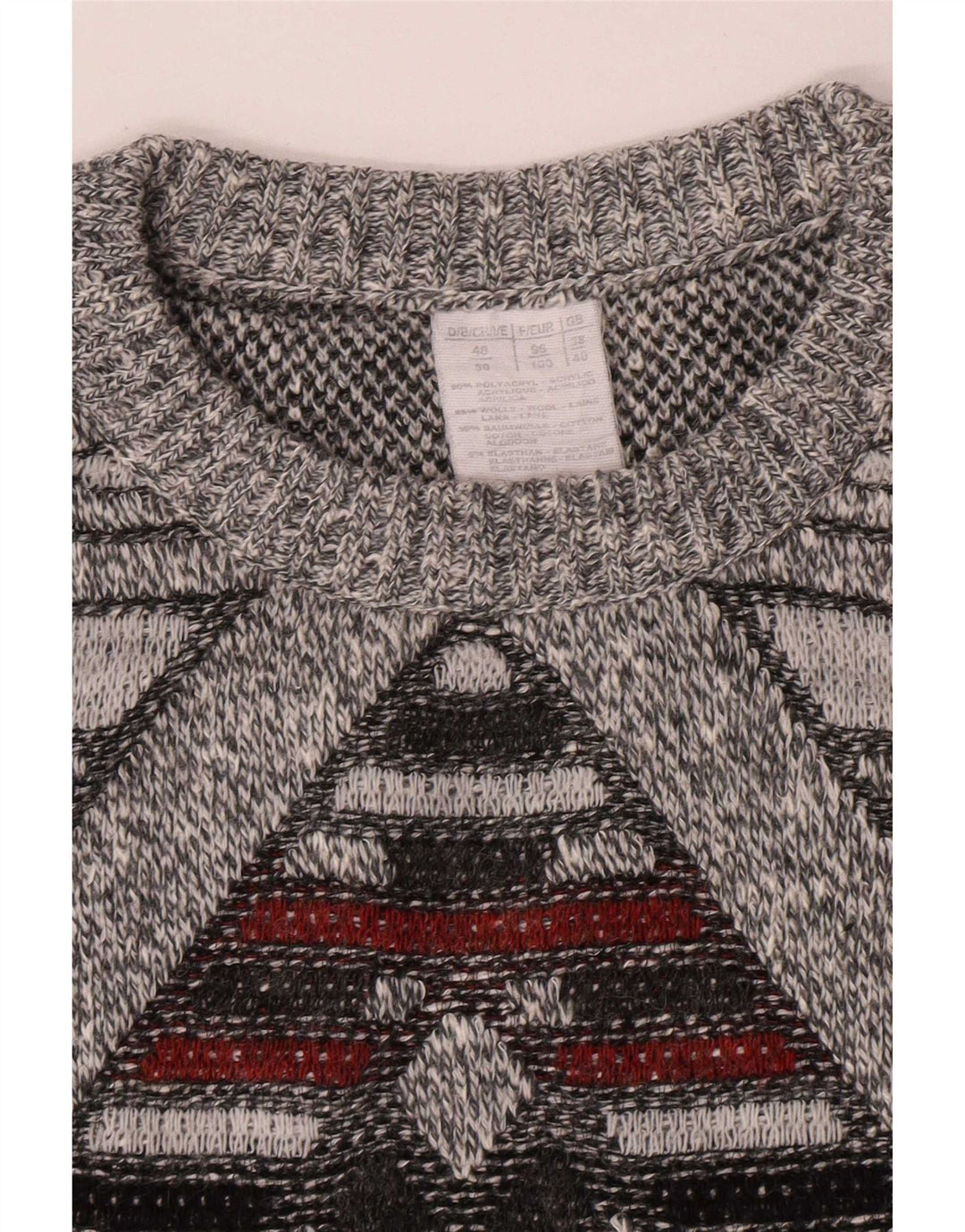 Maglione maglione girocollo da uomo vintage UK 38/40 Grigio medio geometrico