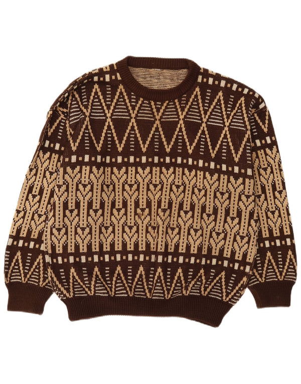 Maglione maglione girocollo da uomo vintage grande marrone Fair Isle