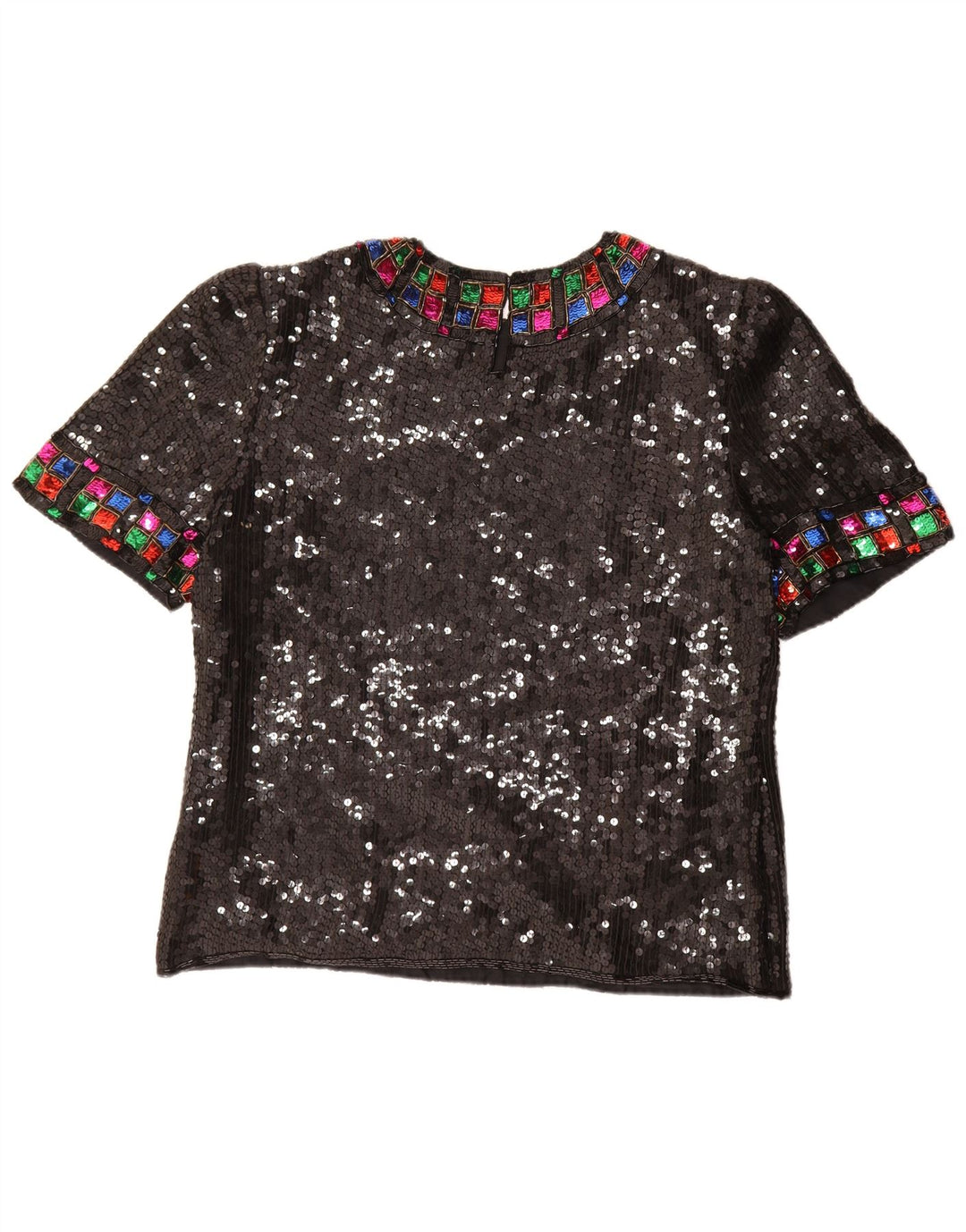 Top camicetta con paillettes vintage da donna UK 16 grande seta nera