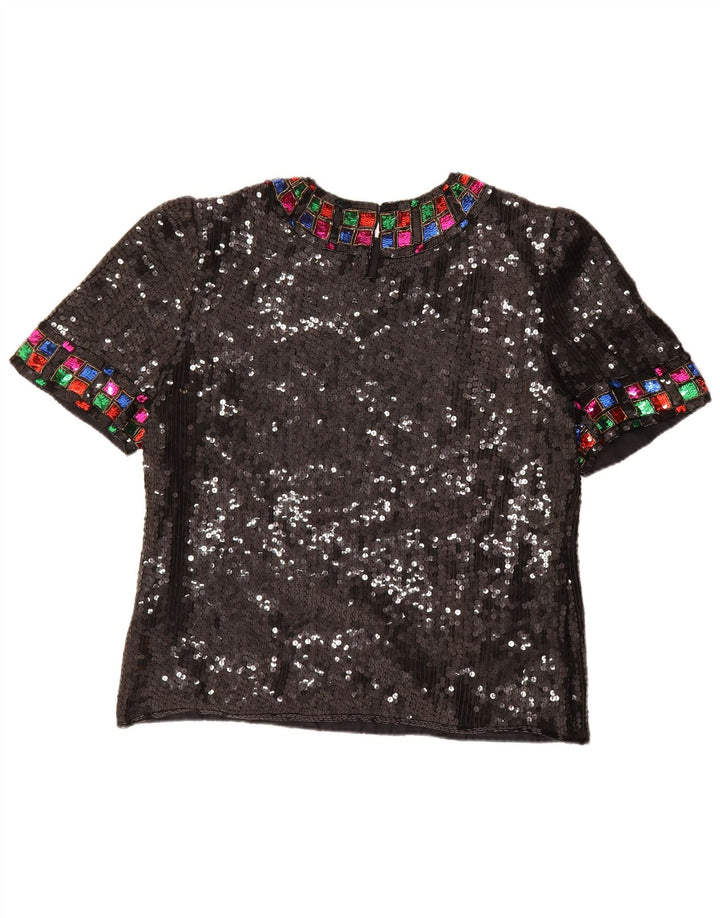 Top camicetta con paillettes vintage da donna UK 16 grande seta nera