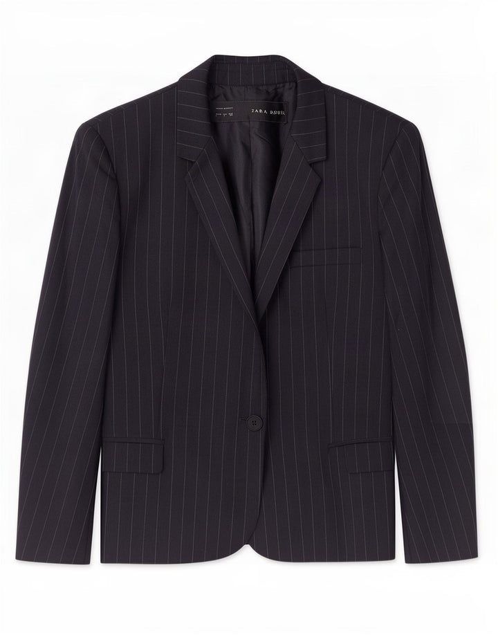 Giacca blazer da donna a 1 bottone Zara UK 14 grande gessato blu navy