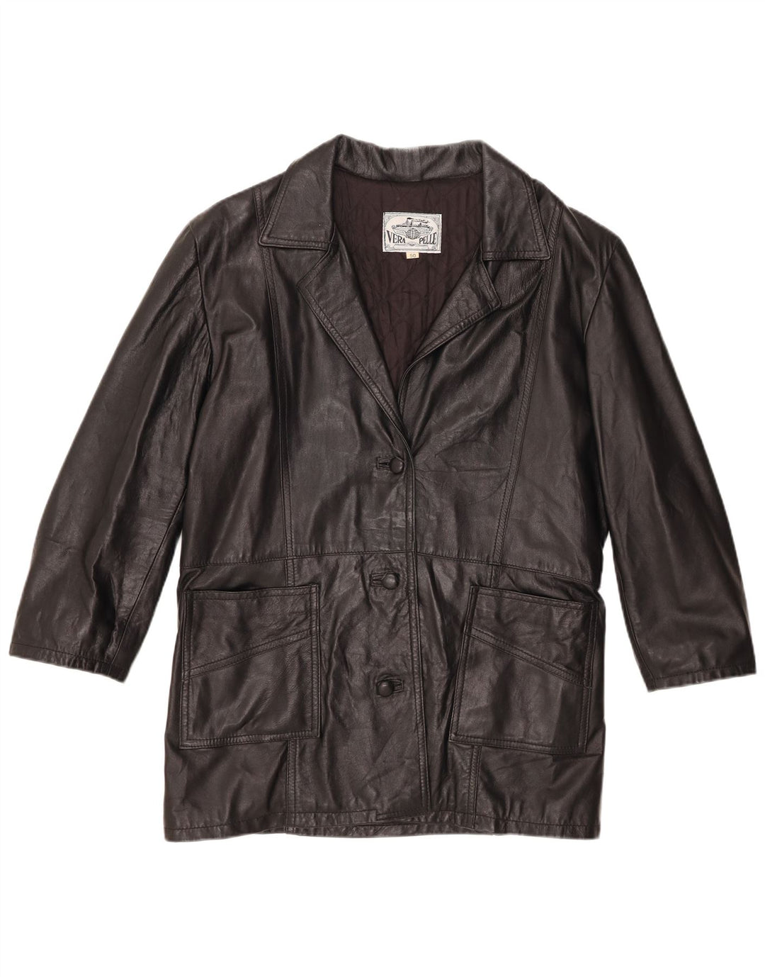 Giacca blazer in pelle vintage da donna a 3 bottoni IT 50 XL in pelle nera