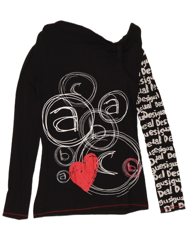 DESIGUAL Top grafico da donna con spalle scoperte manica lunga UK 12 medio nero