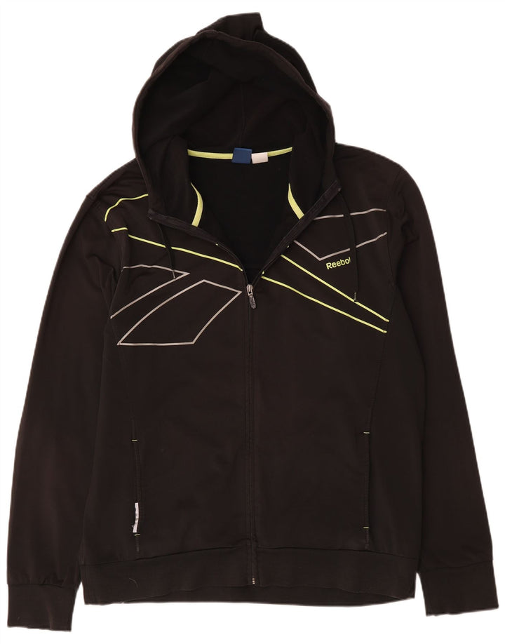 Felpa con cappuccio con zip grafica da uomo Reebok, grande poliestere gessato nero