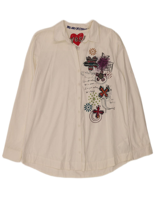 DESIGUAL Camicia grafica da donna UK 16 Grande cotone floreale bianco