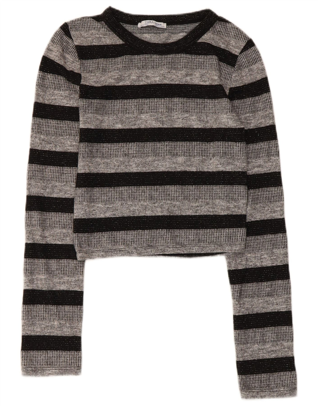 Zara Trafaluc Top corto da donna a maniche lunghe UK 8 Small Poliestere a righe grigie