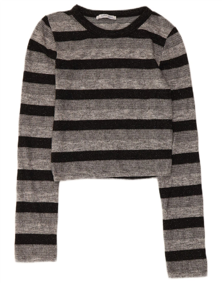 Zara Trafaluc Top corto da donna a maniche lunghe UK 8 Small Poliestere a righe grigie