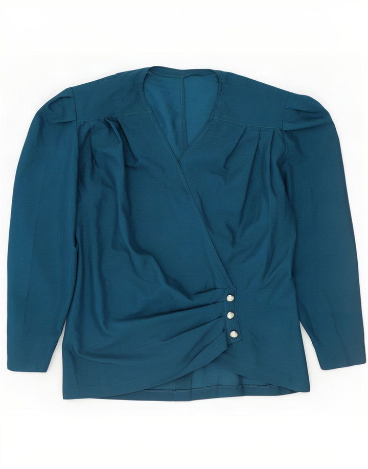 Top camicetta a maniche lunghe da donna vintage UK 10 piccolo blu navy