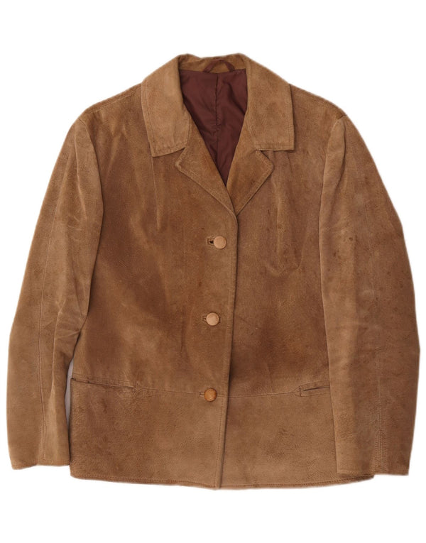 Giacca blazer vintage da donna in pelle scamosciata a 3 bottoni UK 16 grande beige