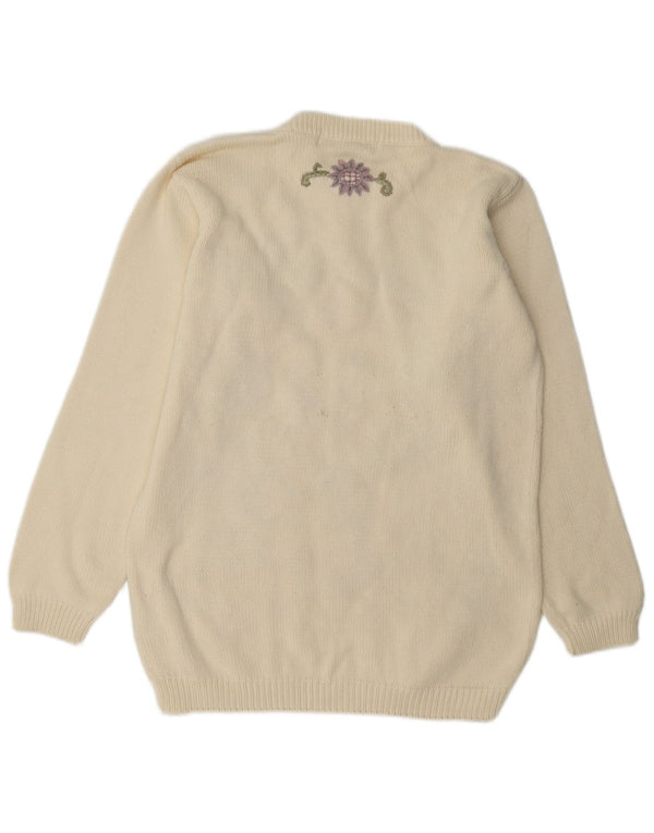 Maglione maglione girocollo da donna vintage UK 10 piccolo floreale bianco sporco