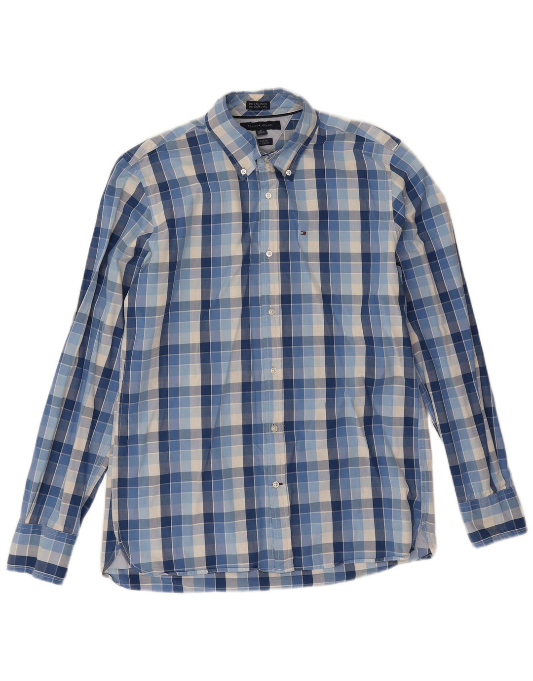 Camicia da uomo su misura Tommy Hilfiger taglia 15 1/2 16 medio blu a quadri