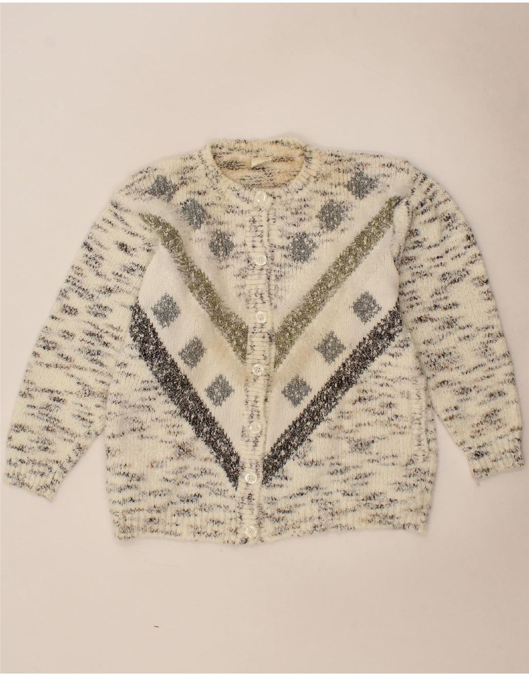 VINTAGE Womens Cardigan Sweater UK 14 Medium Off White Argyle/Diamond Vintage Vintage and Second-Hand Vintage from Messina Hembry 
