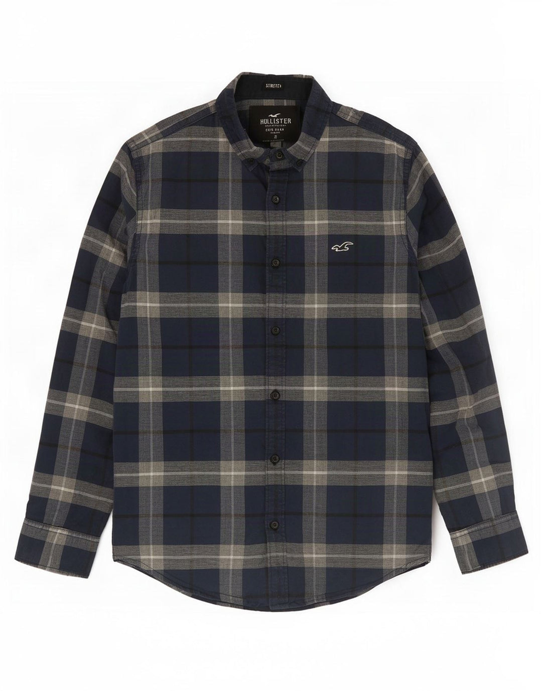 Camicia Hollister da uomo elasticizzata piccola in cotone scozzese blu navy