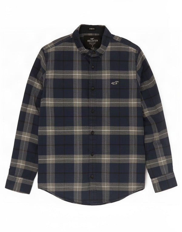 Hollister Mens Stretch Shirt Small Navy Blue Plaid Cotton