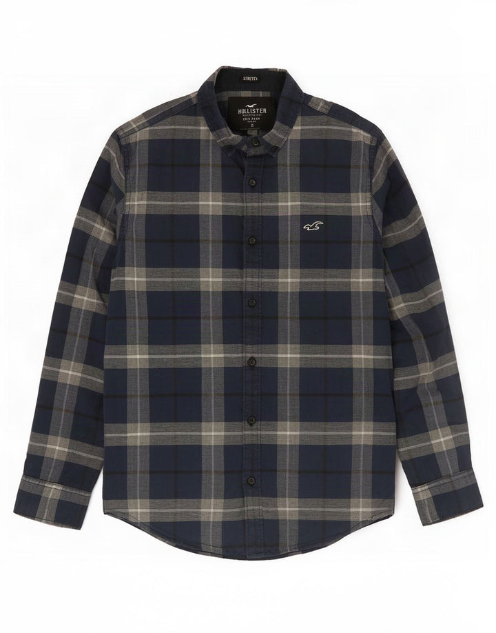 Camicia Hollister da uomo elasticizzata piccola in cotone scozzese blu navy
