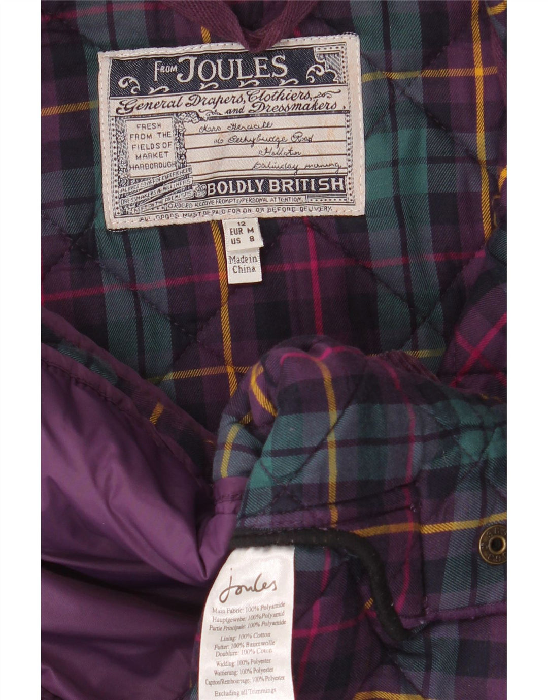 JOULES Giacca trapuntata da donna UK 12 Poliammide viola medio