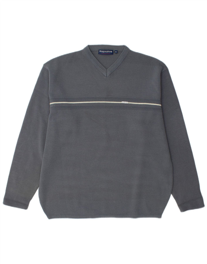 VINTAGE Mens V-Neck Jumper Sweater Medium Grey Acrylic