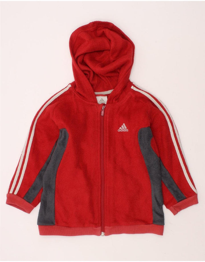 ADIDAS Girls Hooded Fleece Jacket 2-3 Years Red Colourblock Polyester Vintage Adidas and Second-Hand Adidas from Messina Hembry 