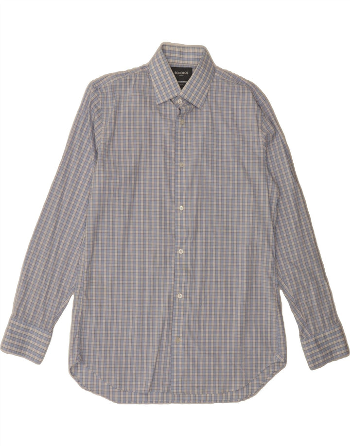 BONOBOS Mens Slim Fit Shirt Size 16 Large Blue Check Cotton Vintage BONOBOS and Second-Hand BONOBOS from Messina Hembry 