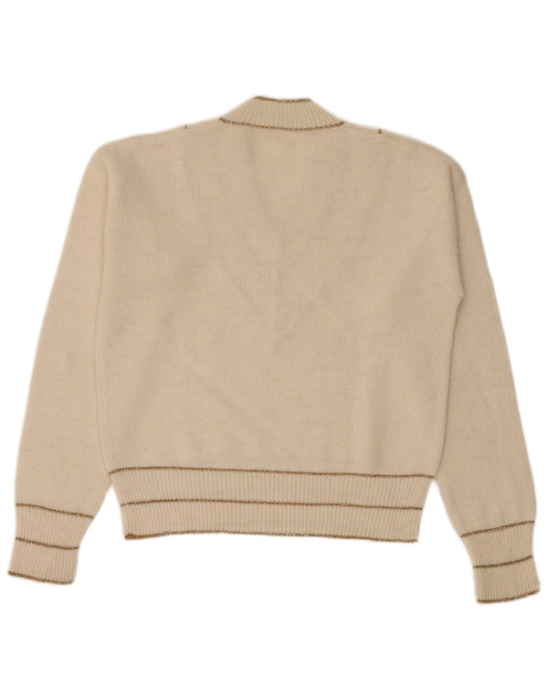 Maglione maglione vintage da donna con scollo a V UK 10 piccolo a righe bianco sporco