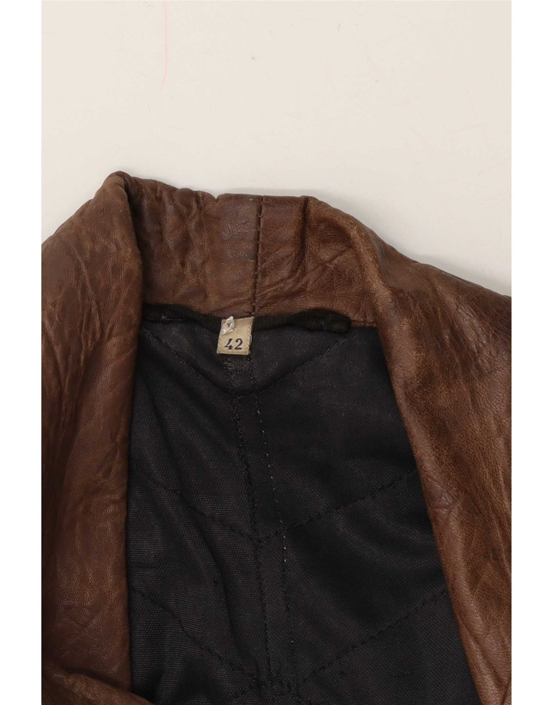 Giacca in pelle doppiopetto vintage da donna EU 42 grande patchwork marrone