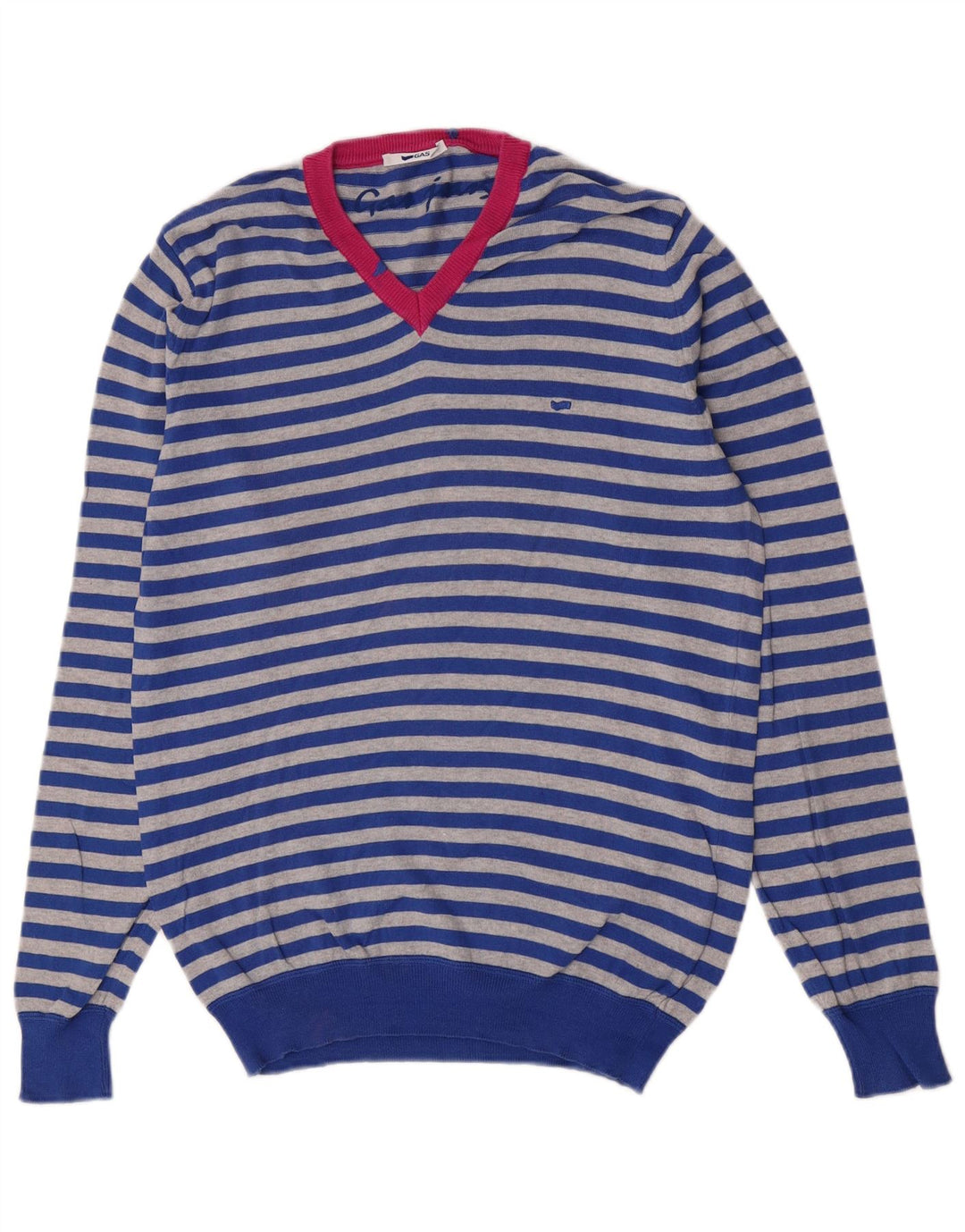 Maglione da uomo con scollo a V Gas in cotone a righe blu medio