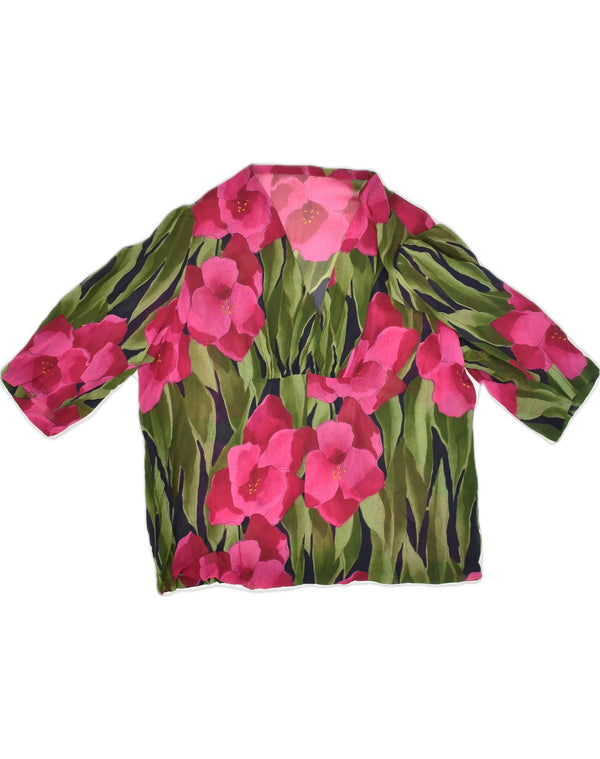 VINTAGE Camicetta da donna con maniche a 3/4 Top UK 16 Grande verde floreale