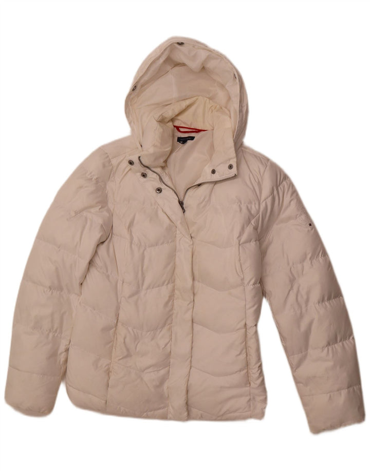 TOMMY HILFIGER Giacca imbottita con cappuccio da donna UK 12 Poliestere bianco medio